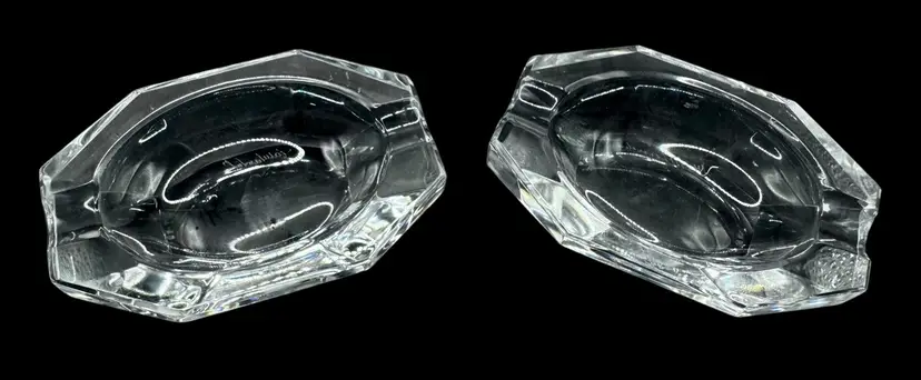Set of 2 Vintage Val St Lambert Signed Crystal Ashtray 8 Sided Faceted 3.5"