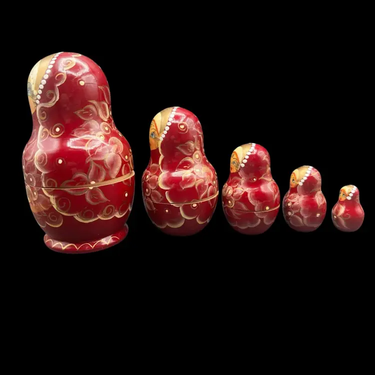 #262B Vintage Handmade And Hand Painted Set Of 5 Wooden Nesting Matryoshka Dolls. Lady, Floral, Red, White & Gold. Marked And Signed On Bottom