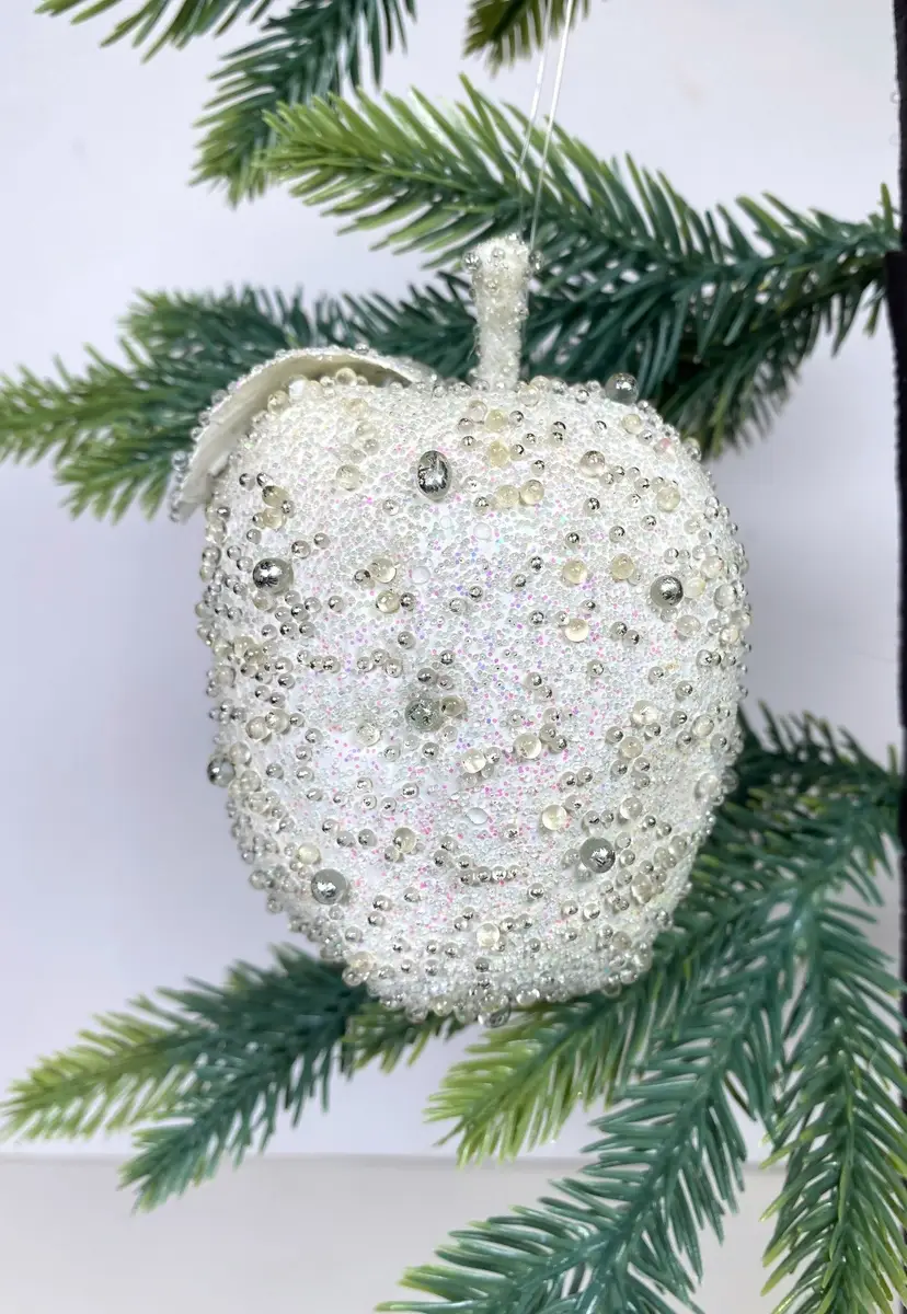 *VTG* Beaded Apple Plastic White Christmas Ornament 4"x3"