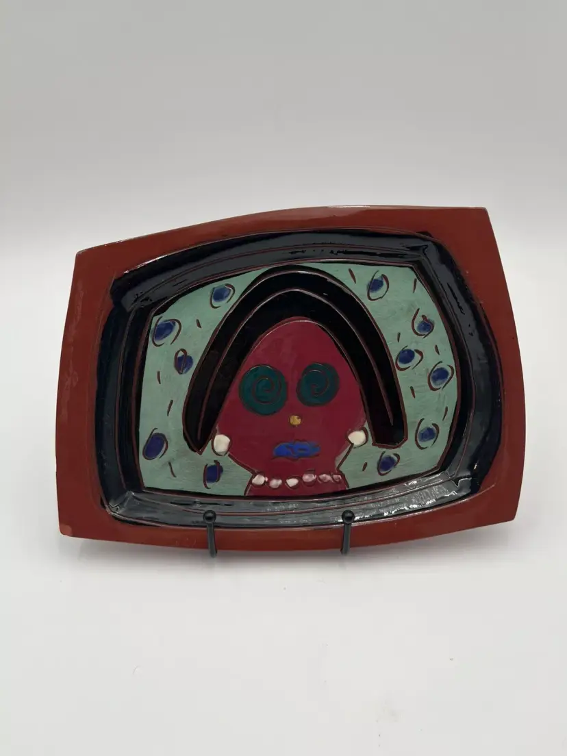 Funny Vintage Red Pottery Plate Hand Painted Signed Hypnosis Retro Lady Folk