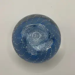 Caithness Blue And White Blown Glass Paperweight With Controlled Bubbles 3” Across 2 1/2” High