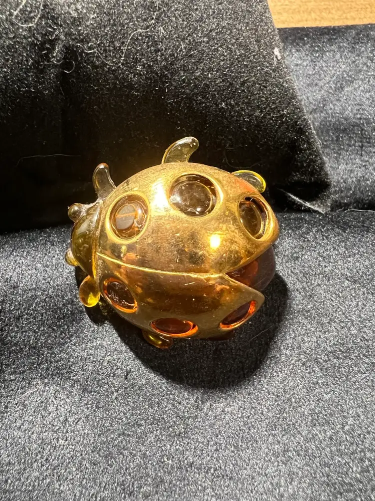 Vintage Amber Lucite And Brass Ladybug Pin 1”