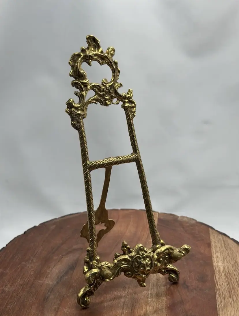 Vintage Brass 9” Easel Book Picture Frame Plate Vintage Ornate Display Stand