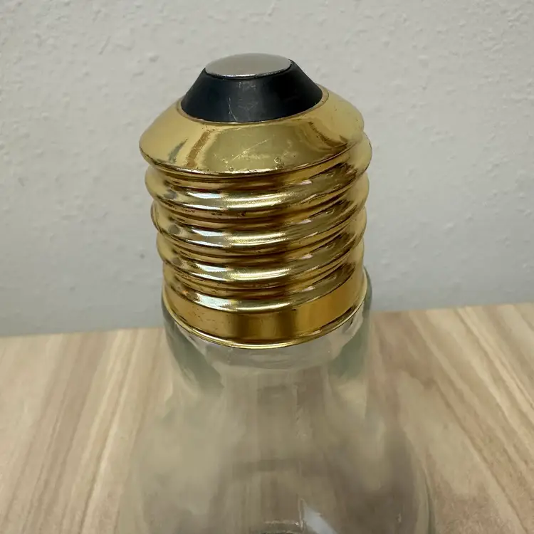 Large Light Bulb Shaped Clear Glass Jar With Gold Tone Screw Top Cap 7” Tall