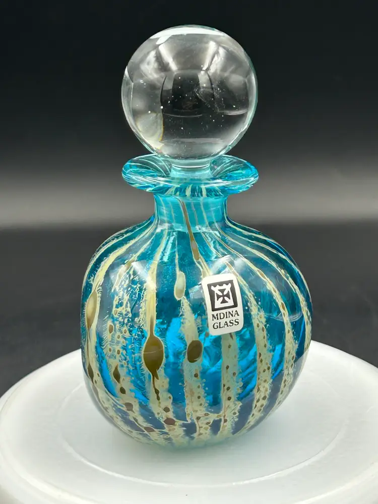 Vintage Mid-Century Mdina Art Glass Blue & Cream Swirl “Roman Pattern” Clear Stopper, Signed, Perfume Bottle Italy
