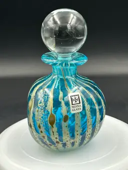 Vintage Mid-Century Mdina Art Glass Blue & Cream Swirl “Roman Pattern” Clear Stopper, Signed, Perfume Bottle Italy