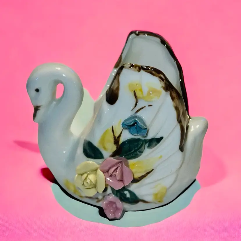 Vintage Swan Planter Jewelry Holder White Mini 4" Vase Pottery Ceramic Figurine