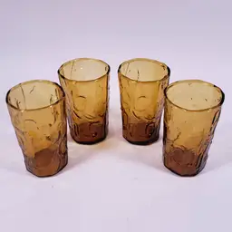 Vintage MCM TEX DECATUR T1G1 Amber Crinkle Thumbprint JUICE GLASS TUMBLER SET