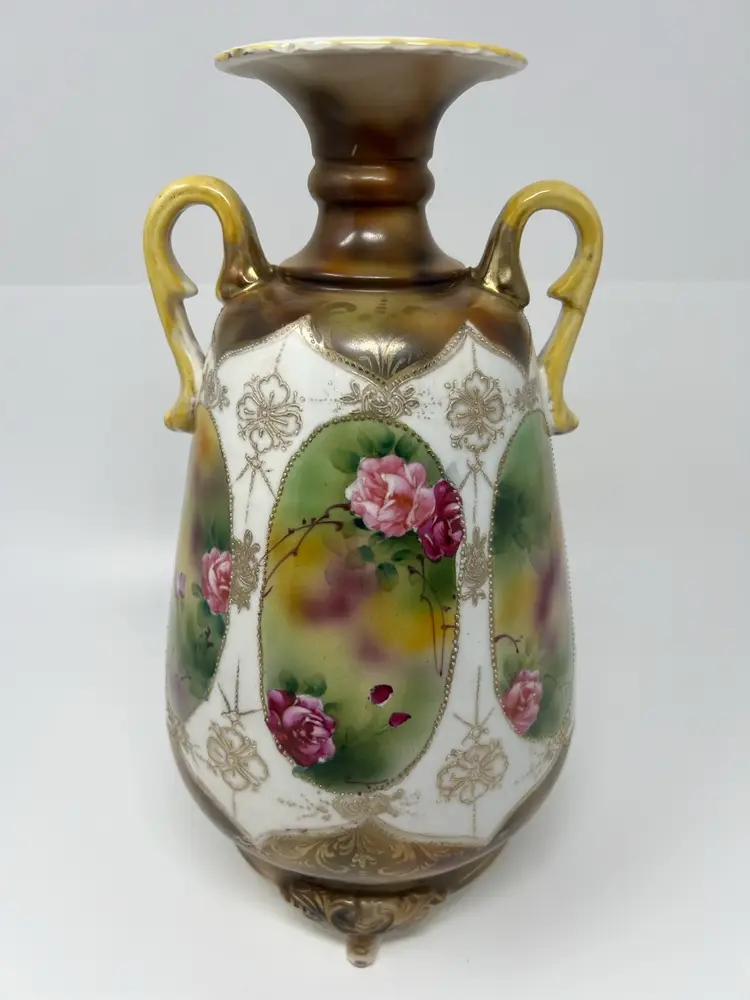 Antique Roses Vase Moirage Urn Medallions Hand painted Japan Double Handle 12.5”
