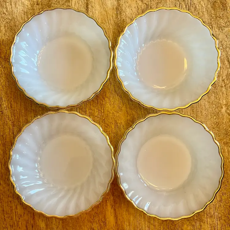 4 - Fire King White Milk Glass Swirl Dessert Bowls Gold Trim Anchor Hocking