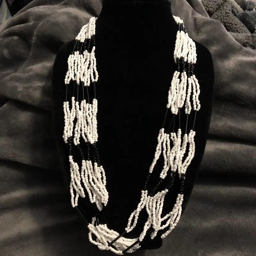 Hand-Beaded Black and White Long Multi-Strand Necklace