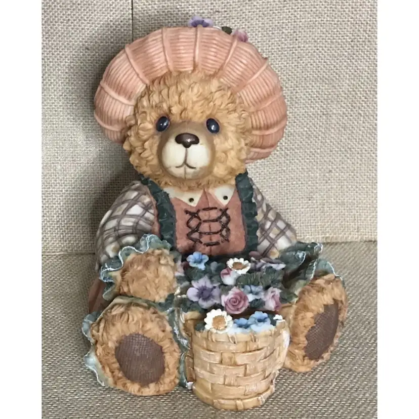Vintage Teddy Bear Flower Basket Coin Bank Secret Compartment Summer Cottagecore