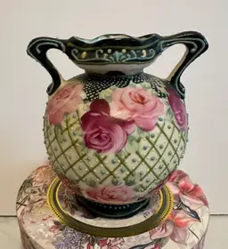 Antique Nippon Moriage Beaded 4” Vase Roses