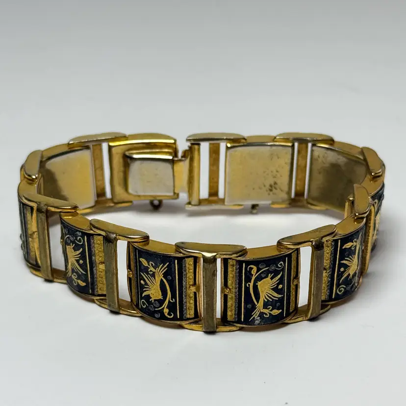 Vintage 7.5" Spanish Damascene Etched Bird Floral Black Gold Tone Panel Bracelet
