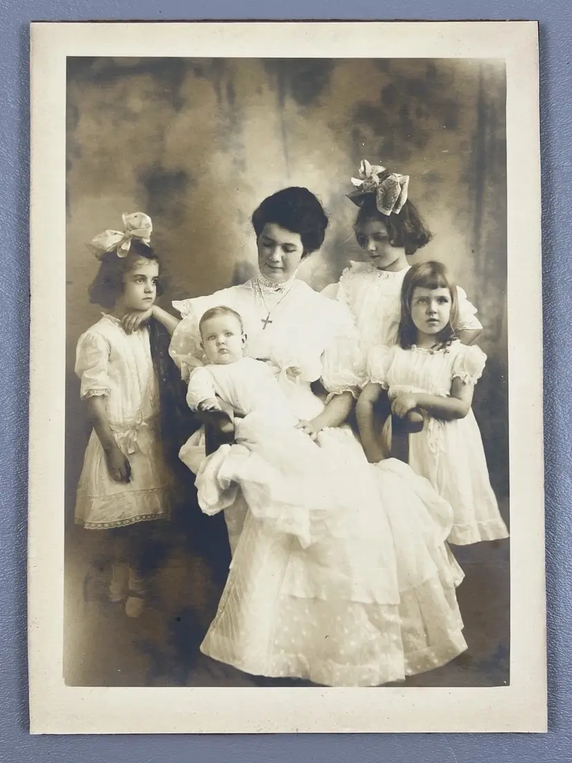 Antique Family Portrait Photo Christening Baby Children Mom Bows Black & White 9.25x7"