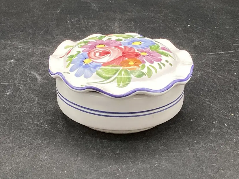 Ruffled Top Hand Painted Pottery Trinket Dish, Italy, 1.75x3.25”