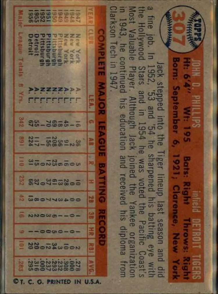 1957 Topps #307 Jack Phillips - ( pk1 ) - Detroit Tigers