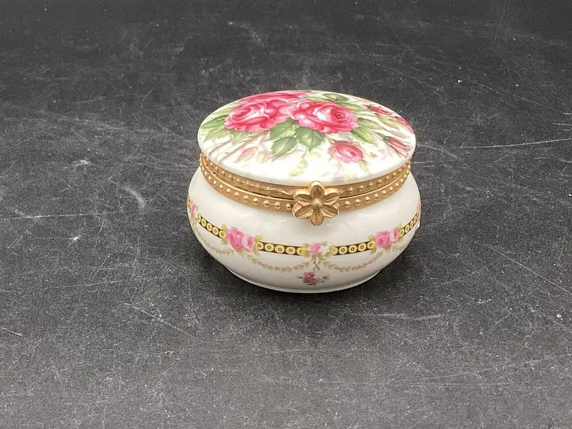 Vintage Floral Bone China Trinket Box, 1 3/4 X 2.5”