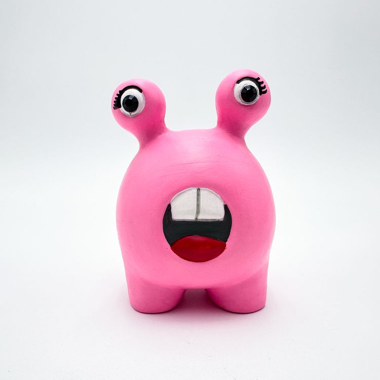 "Boobie" Ceramic Alien Figurine Hand Painted Pink Signed 4.25"H 3"W