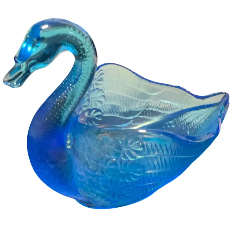 A vintage Iridescent blue glass swan figurine used as a trinket dish. Unmarked Possibly Fenton Or Imperial