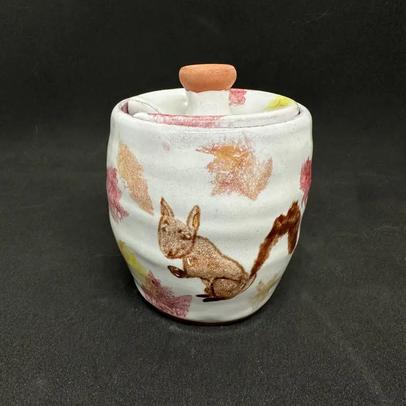 Studio Art Pottery Lidded Jar Sugar Handmade Bowl Pot Squirrel Painted Crayon