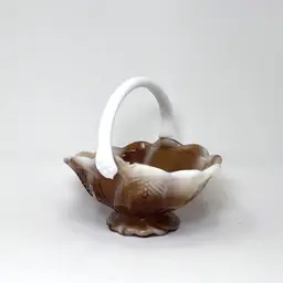 Imperial Glass Caramel Slag Basket 5" Chevron Herringbone Milk Glass Handle 1960s (0114-24)