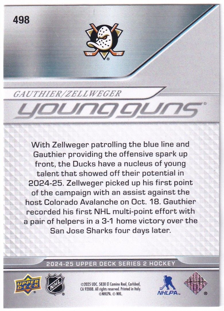 2024-25 Upper Deck #498 Olen Zellweger/Cutter Gauthier YG Anaheim