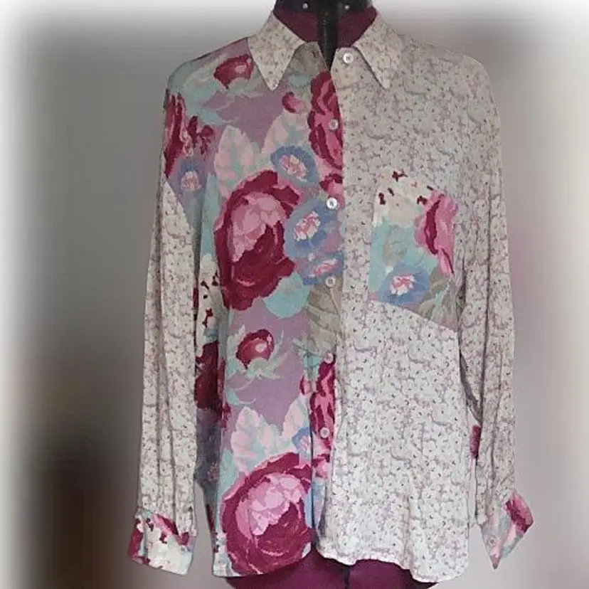 Vintage 90s Asymmetrical Floral  Patch Print Cottagecore Blouse