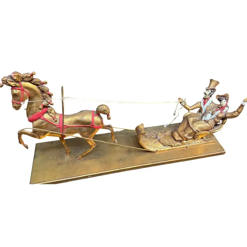 Vintage Chalkware Horse Drawn Sleigh Figurine Victorian Couple Gold Gilt Winter Mantel Decor
