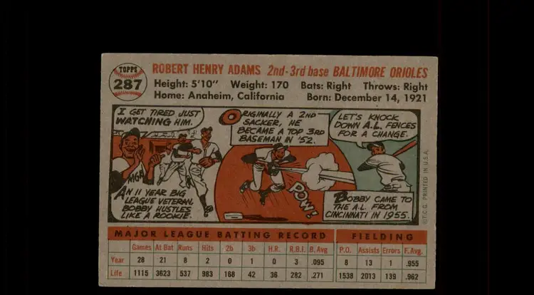 1956 Topps #287 Bobby Adams - (pk-tl2) - Baltimore Orioles