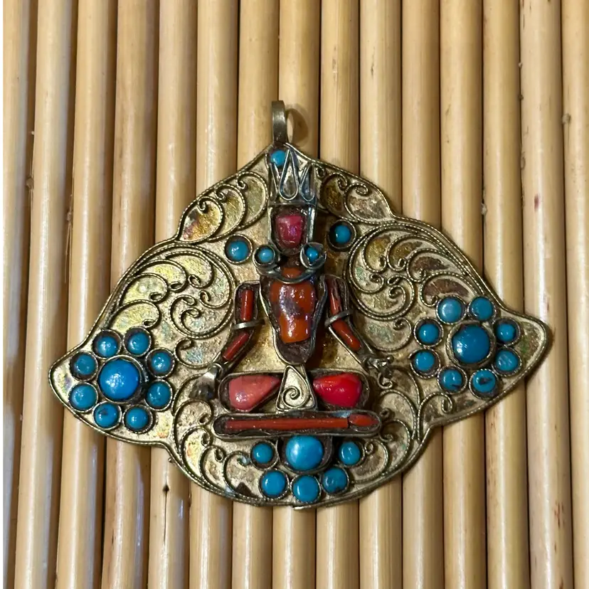 Large Tibetan Brass Pendant w/ Turquoise & Coral Glass