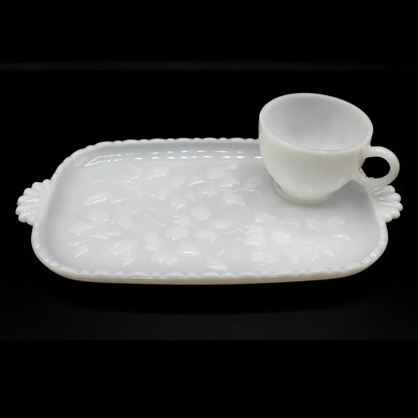 Vintage 1930s Hazel Atlas Dogwood Pattern Milk Glass Luncheon Plate & Cup Set