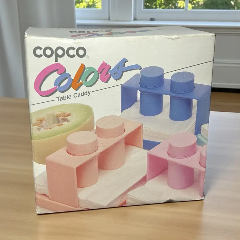 Vintage Copco 1987 Pink Salt & Pepper Shaker Set W/ Napkin Table Caddy NEW