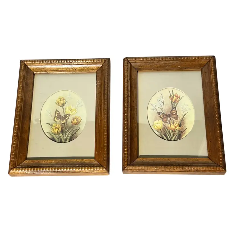 Vintage Wall Art Butterflies & Flowers Framed Signed 8.75x6.75” Set Of 2