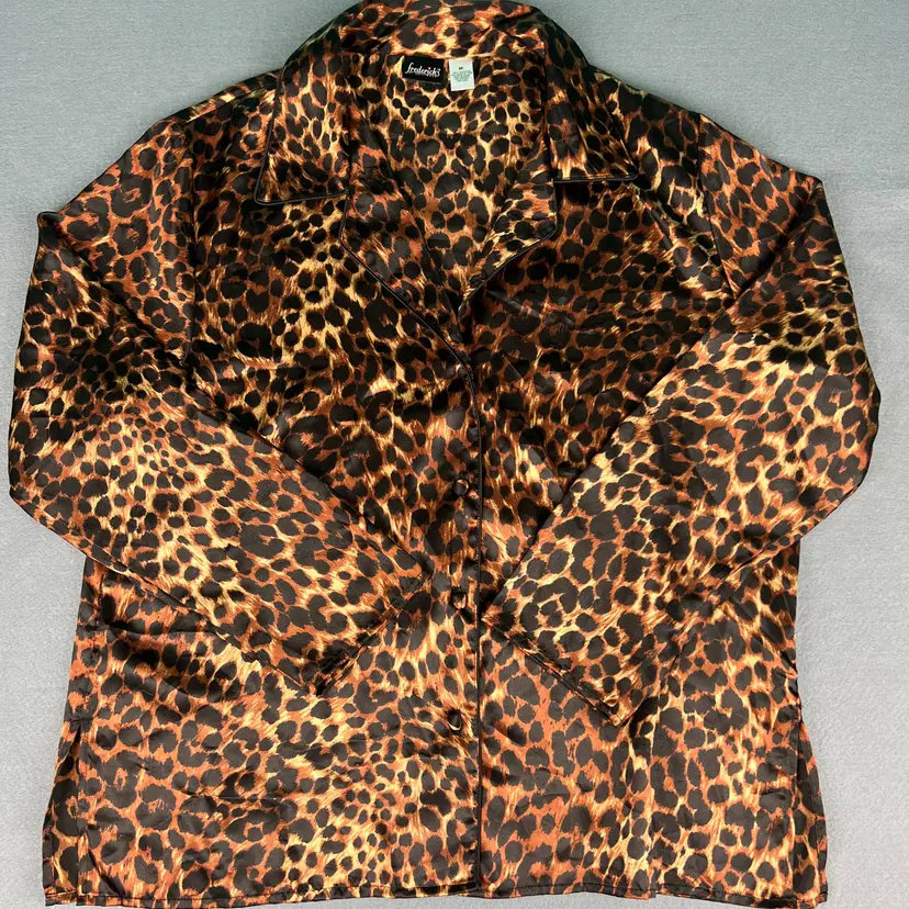Fredericks of Hollywood Leopard Satin Sleep Shirt Button Up Y2K Lingerie Top M