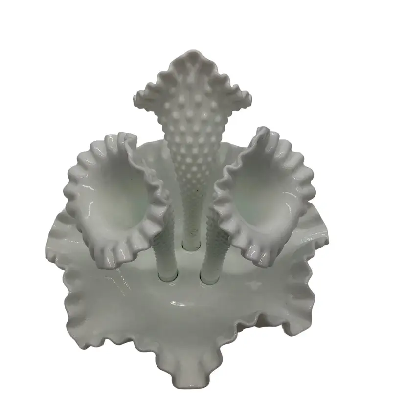 016.  Fenton Milk Glass Hobnail Epergne Apx 9”h Apt Size