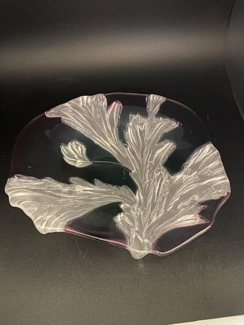 MCM Art Nouveau Glass Dish w/ Frosted Floral Design and Pink & Green Tints