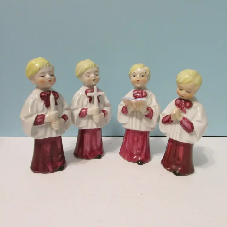 set of 4 vintage choir boys figures cross candle praying singing alter boy Christmas decor Japan