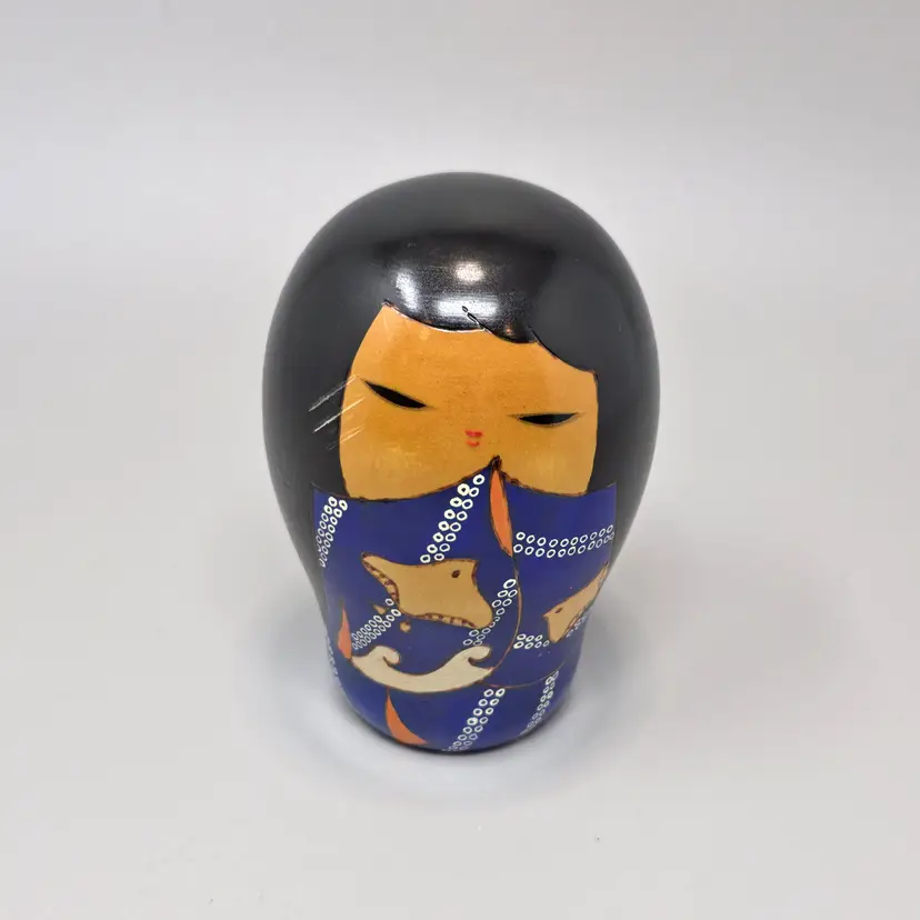 Vintage Kokeshi Doll Blue Kimono with Koi Fish – Japanese Folk Art Sosaku – Hand Painted Wood – Mid Century Japan Collectible - 0198-25