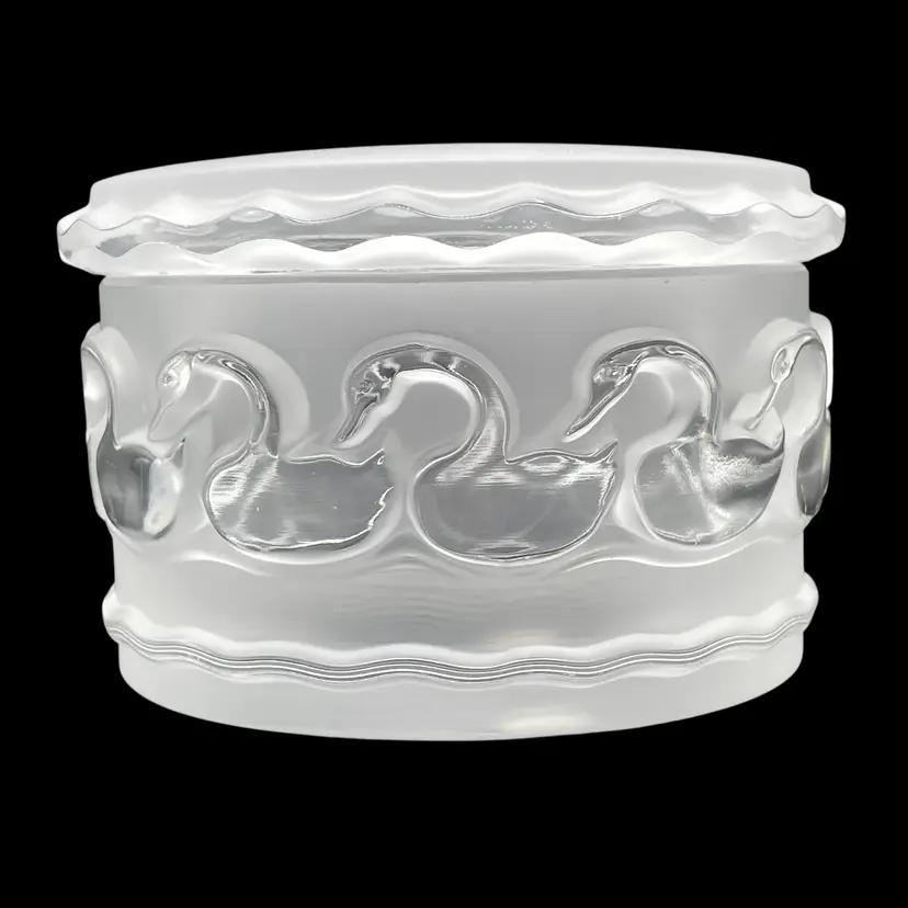 VTG Lalique France Frosted Crystal Canard Swan Circle Trinket Dresser Box Signed