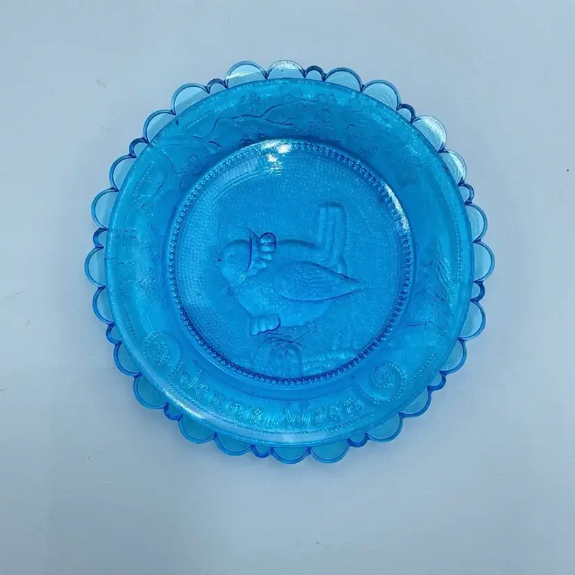 Pairpoint Glass Thornton Burgess Jenny Wren Bird Small Blue Plate Original Label
