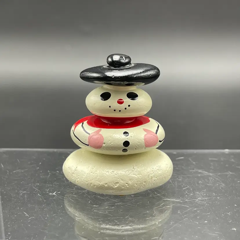 Folk Art Stone Snowman Miniature Hand Painted Winter VTG Christmas B. Atkinson