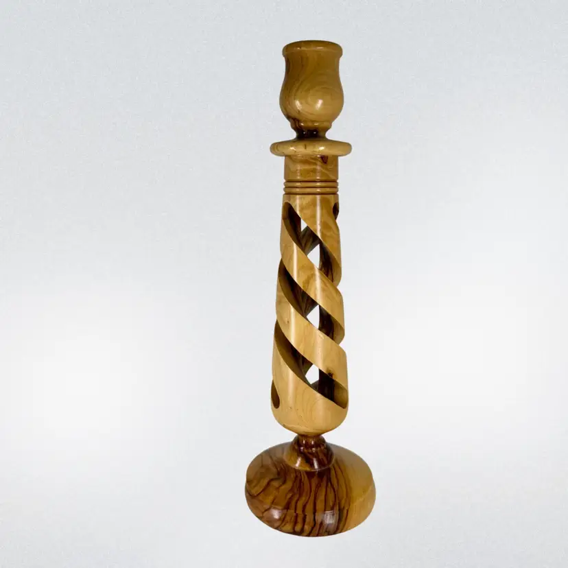 Olive Wood Candlestick Holder Hollow Spiral MCM Rustic Boho
10” x 3”