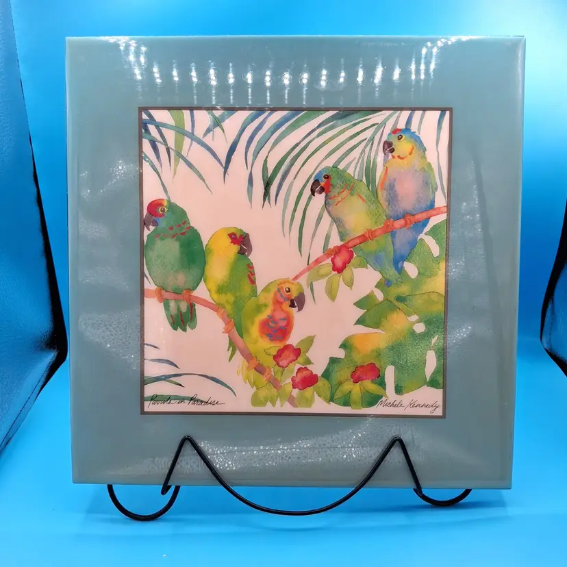 Michele Kennedy “Parrots In Paradise” Beautiful Water Color Art Tile Trivet