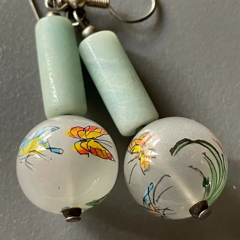 Butterfly & Floral Reverse Painted Earrings With Jade Beads 1” Drop Pierced Asian