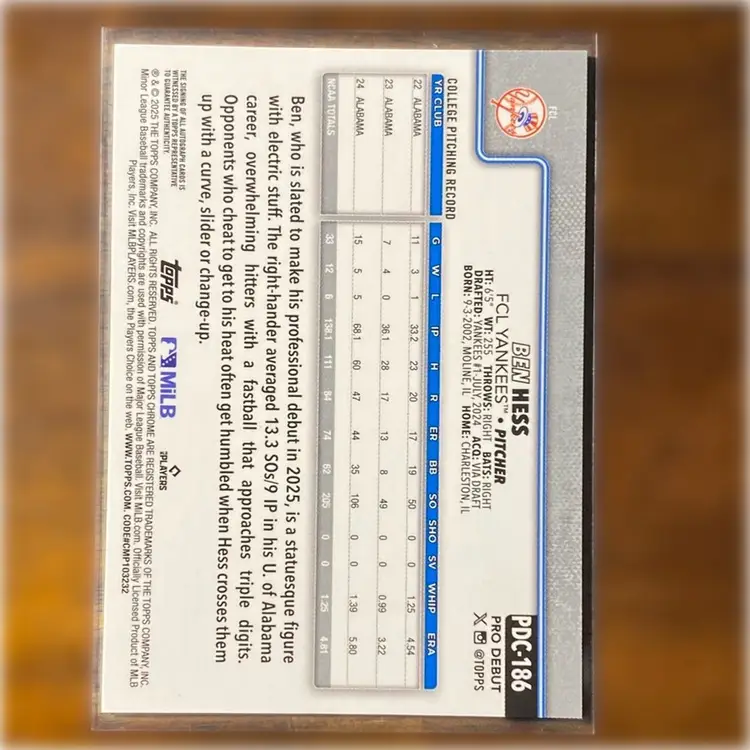 2025 Topps Pro Debut Ben Hess Green Refractor Auto /99 Yankees