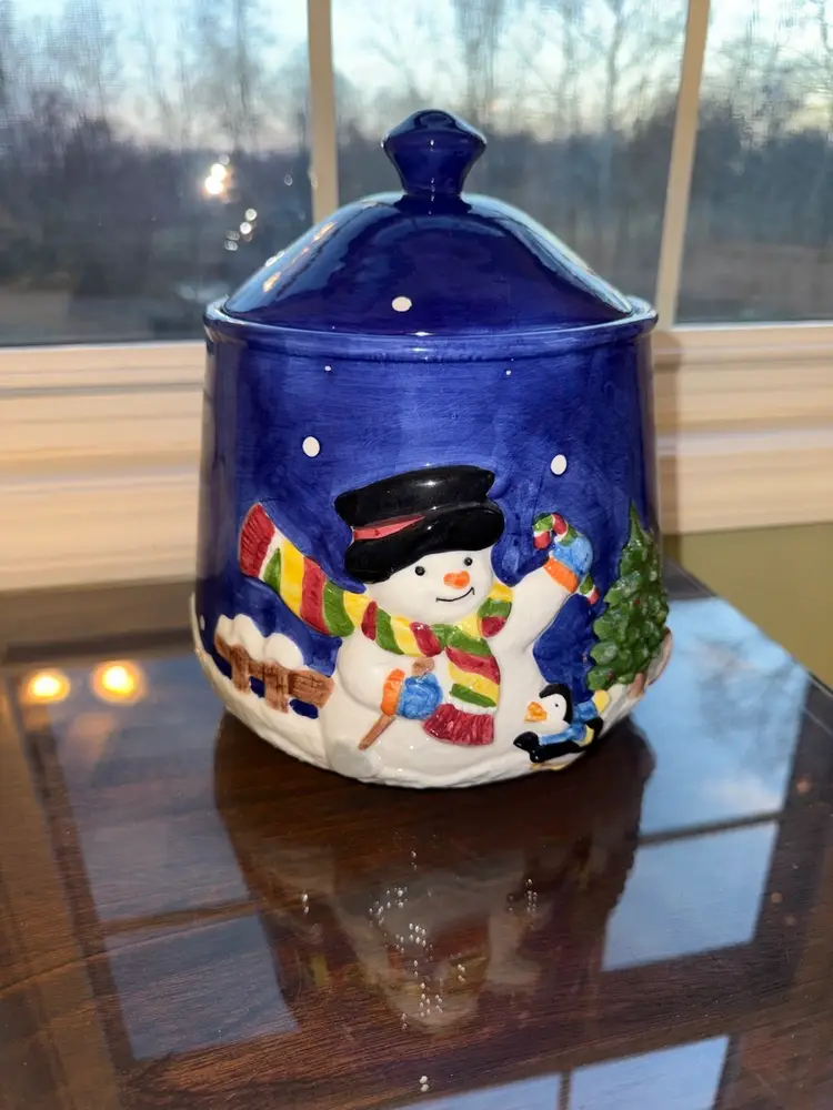 Vintage Christmas Holiday Ceramic Blue Snowman Cookie Jar 9.5” Tall