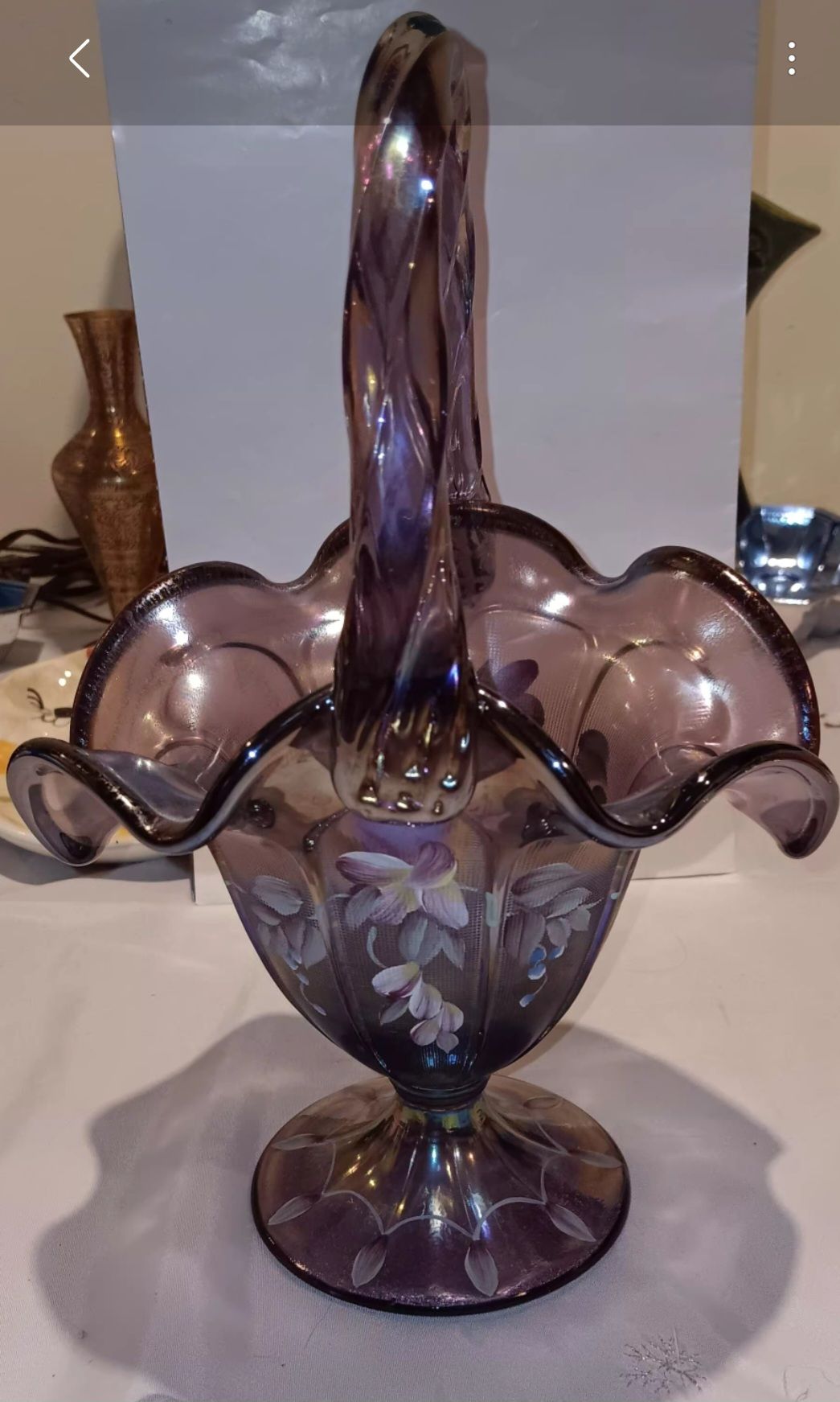 Signed Fenton Glass 75th Anniversary Plum Iridescent Wisteria Basket