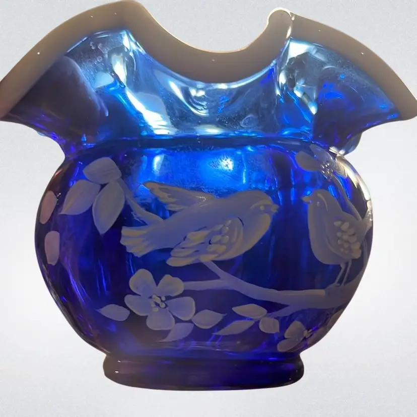 Fenton Snow Crest Cobalt Ruffle Rose Bowl Nancy Fenton Hand Painted By B Pezzoni 4” Tall X 5” Wide