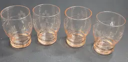 Set of 4 Vintage Etched Pink Cordial Glasses GLOWING – Floral Motif